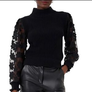 French connection Black Sweater with Lace Floral Sleeves